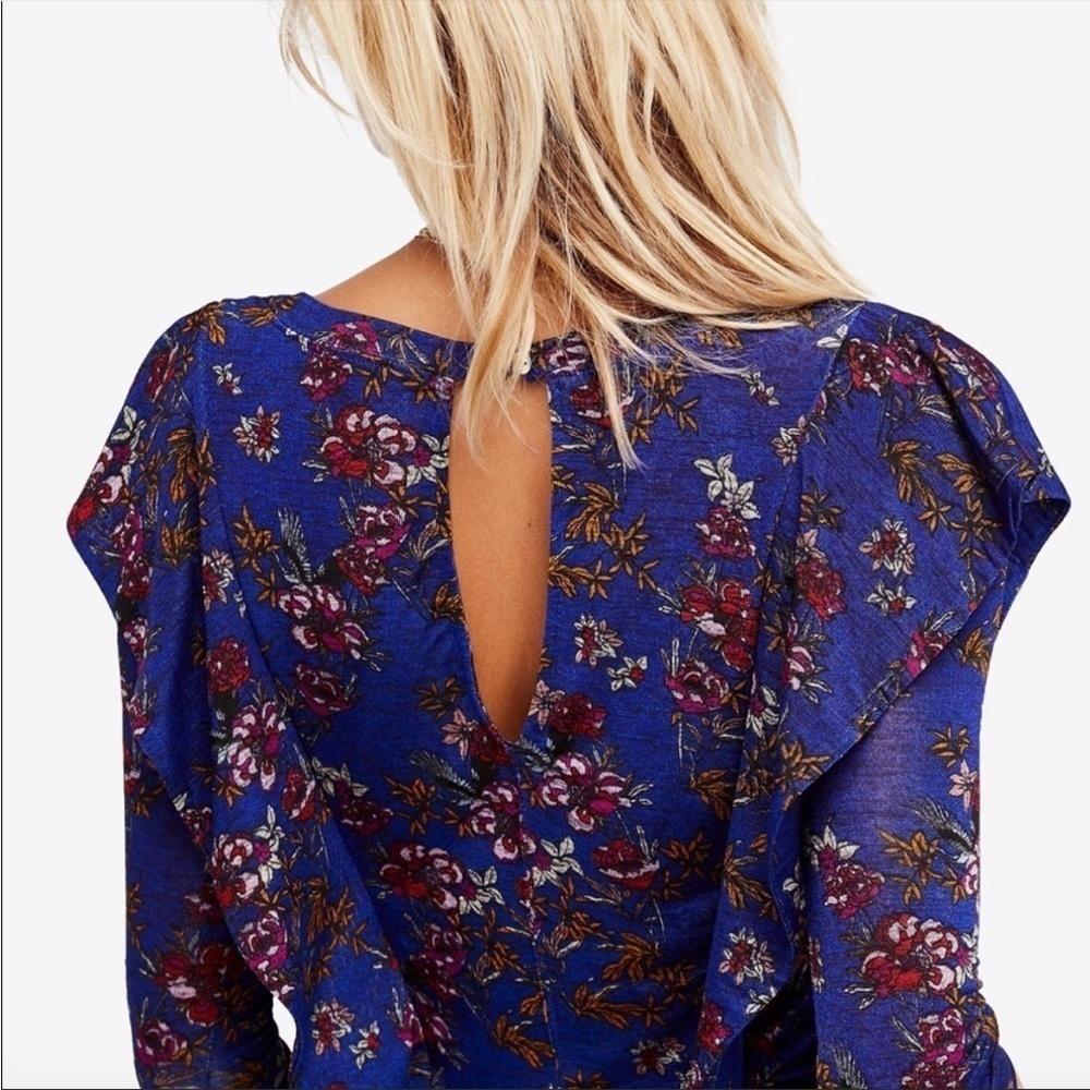 Free People Medium Dock Street Cobalt Blue Floral Ruffle Long Sleeve Shirt - Picture 3 of 10